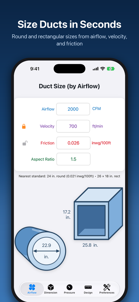 Duct Calculator Elite running on a phone