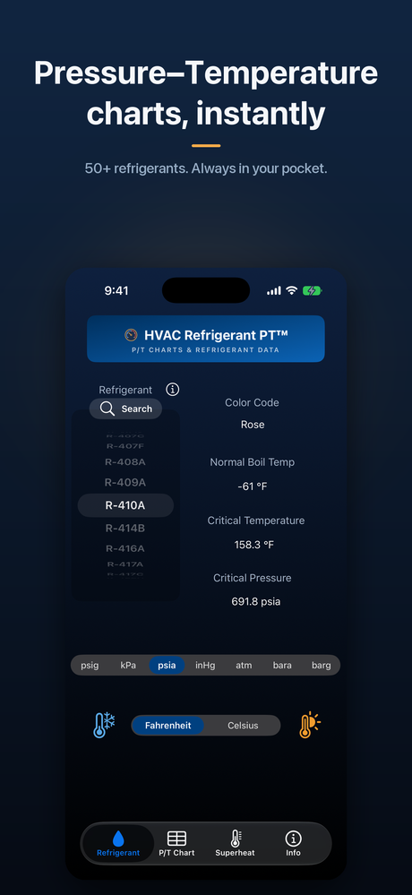 HVAC Refrigerant PT running on a phone
